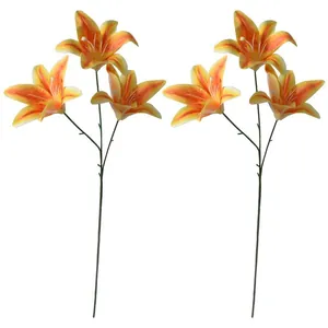 Set of 2 orange 3-head artificial lily flowers with realistic 3D printed texture