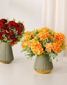 High-quality orange and red artificial hydrangea bouquets in ribbed ceramic vases