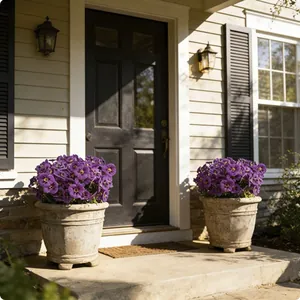 Vibrant artificial purple pansies in rustic pots for elegant outdoor home entrance decor.