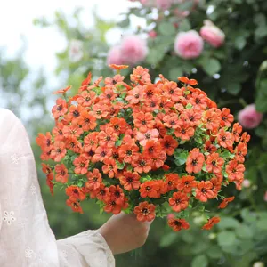 Eine Hand hält einen leuchtend orangefarbenen Stiefmütterchenstrauß in einem Garten.