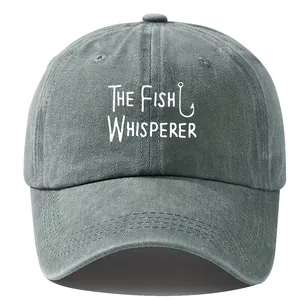 Detailed front view of a washed vintage baseball cap with The Fish Whisperer print