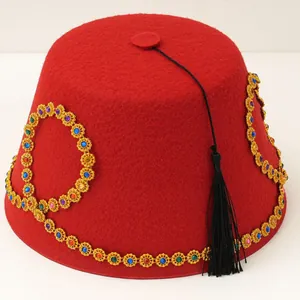 Ethnic Turkish Fez Hat Red Felt Cap Gold Tassel Multi-Colored Rhinestones Exotic Performance Costume Hat For Party Halloween Women Men