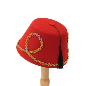 Ethnic red felt Turkish Fez hat with colorful rhinestones and black tassel decoration