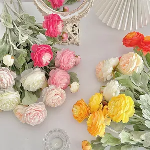 Colorful 3-head artificial ranunculus silk flowers for Nordic style home table decoration