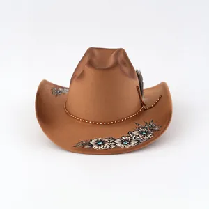 Klassischer brauner Western-Cowboyhut für Damen mit Blumenstickerei und Federschmuck