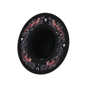 Vintage Gothic Stil schwarzer Filzhut mit aufwendigen Fuchs- und Totenkopf-Stickmotiven für Damen