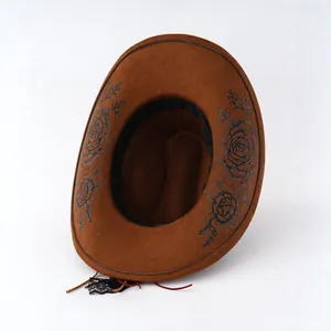 Cappello da cowboy marrone in finta pelle scamosciata con rose per uomo e donna western