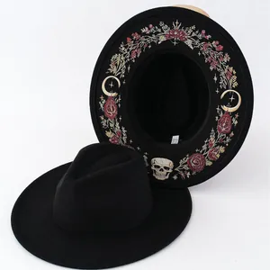 Vintage Gothic Hut Mit Breiter Krempe Fedora Damen Falscher Stickdruck Fuchs Schmetterling Mond Dunkler Stil Halloween Sonnenhut Polyester