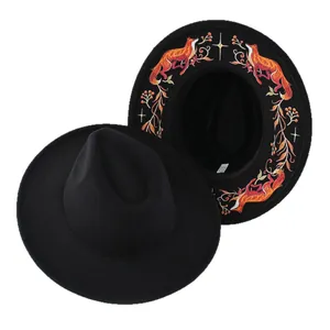 Eleganter schwarzer Vintage-Fedora mit breiter Krempe und Fuchstickerei-Verzierung