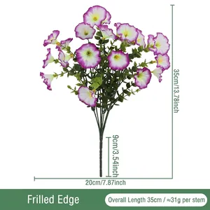 Purple and white artificial morning glory bouquet with eucalyptus leaves, 13.78 inch