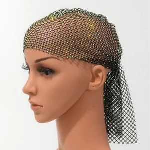 Women Sexy Rhinestone Mesh Fishnet Hat Elastic Nightclub Party Headscarf Cotton Glitter Mesh Turban Accessory For Ladies