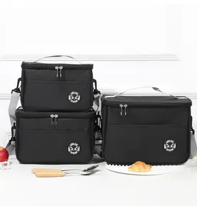 Black insulated cooler bag set for outdoor picnic with crossbody strap and panda logo