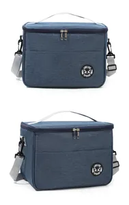 Detailed views showing the structure and textures of this blue insulated lunch bag