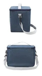 Large capacity blue insulated cooler bag with grey shoulder strap, front and side view