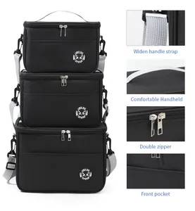 Details of black insulated lunch bag showing zipper, handle strap and front pocket features
