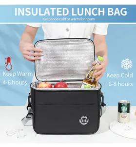 Large capacity black insulated lunch bag with foil lining showing apples and drinks inside.