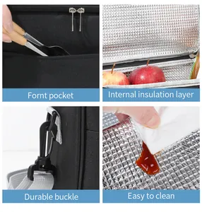 Detailed views of a large insulated lunch bag showing front pocket and durable buckle
