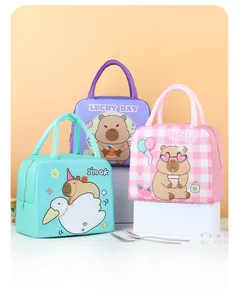 Three colorful cartoon capybara insulated lunch bags displayed on white pedestals