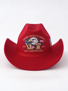 Detailed macro view of embroidered red felt cowboy hat for USA 250th Anniversary.