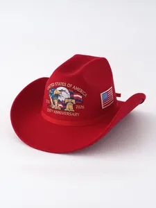 Detailed macro shot showing the fine embroidery on the red commemorative cowboy hat