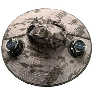 Adjustable outdoor camouflage solar powered fan bucket hat with wide brim for sun protection