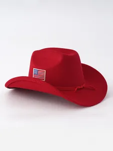 Close-up view of a red felt cowboy hat with US flag embroidery for Independence Day