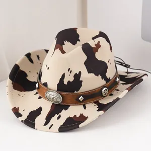 Cappello da Cowboy Western in Poliestere Scamosciato per Uomo Donna Stampa Muccata Leopardata Falda Arrotolata Fedora Etnico da Sole