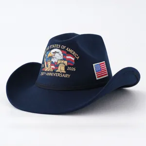 Navy blue wool cowboy hat featuring 250th USA anniversary embroidery and eagle