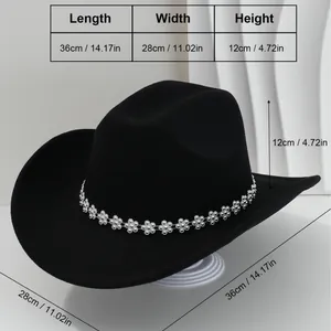 Cappello da cowboy western nero elegante con decorazione floreale di strass e misure