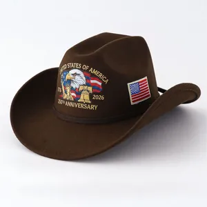 Premium 2026 US 250th Anniversary embroidered brown felt cowboy hat featuring eagle design