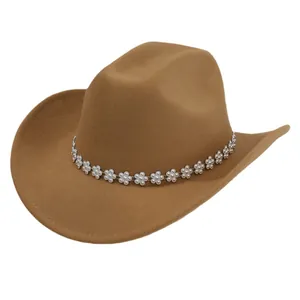 Cappello da cowboy western marrone di lusso da donna con elegante decorazione a fiori di strass