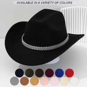 Boho Western Cowboyhut Für Damen Breite Krempe Filz Fedora Mit Strass Z-Kettenband Eleganter Reise Party Ball Sonnenhut