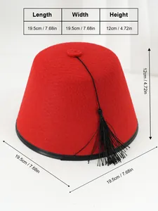 Dimensiones detalladas del gorro turco de fieltro rojo con borla para regalos
