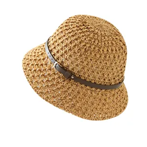 Hollow crochet straw cloche sun hat for women with a decorative brown belt buckle