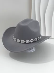Detailed side view of grey cowboy hat with a decorative teardrop rhinestone band.