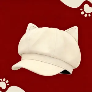 Elegante cappello newsboy crema con orecchie di gatto per donna, moda invernale