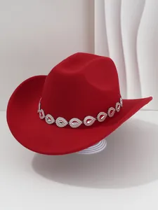 Detailed side view of a red woolen cowboy hat with elegant rhinestone droplet trim