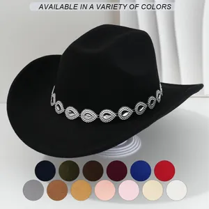 Western Cowboy Fedora Hat For Women Men Wide Brim Polyester Hat With Teardrop Rhinestone Tassel Band Music Festival Party Cap