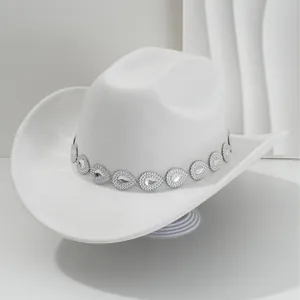 Elegant white felt cowboy hat featuring a sparkling rhinestone teardrop band for music festivals