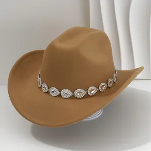 Brown felt cowboy hat featuring a sparkling teardrop rhinestone band for music festivals