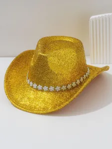 Chapeau de cowboy doré scintillant avec bande de fleurs en strass pour les festivals