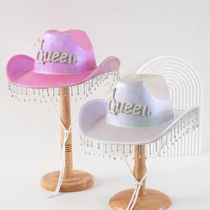 Damen Holografischer Cowboyhut Mit Perle Queen Buchstabe Strass Quasten Eleganter Western Braut Party Zubehör Cowboyhut
