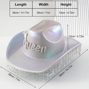 Irisierender Cowboyhut mit Perlen-Queen-Schriftzug und glitzernden Strass-Quasten