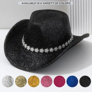 Chapeau de Cowboy Occidental pour Femmes Pailleté Large Bord Bande de Fleurs en Strass Fedora pour Festival de Musique