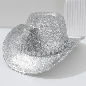 Chapeau de cow-boy pailleté argenté avec bande de fleurs en strass pour festivals