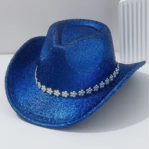 Chapeau de cowboy bleu scintillant avec bande de fleurs en strass pour festivals