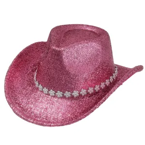 Chapeau de cow-boy rose à paillettes avec bande de fleurs en strass pour festivals