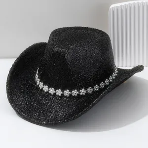 Chapeau de cowboy noir scintillant avec bandeau fleurs en strass pour les festivals
