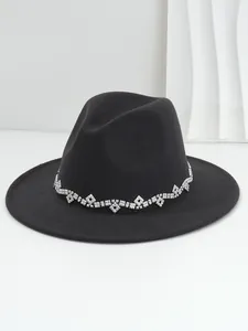 Eleganter schwarzer Wollfilzhut mit breiter Krempe und funkelndem Strass-Diamantband-Dekor