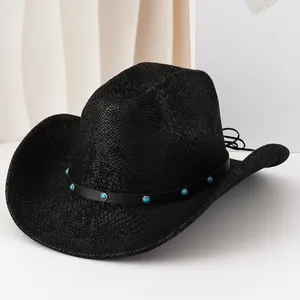 Chapeau de Cowboy de l'Ouest pour Hommes Femmes Texture Peau de Serpent Fedora Chapeau de Jazz Britannique Avec Bandeau en Perles de Turquoise Mode Rétro Large Bord